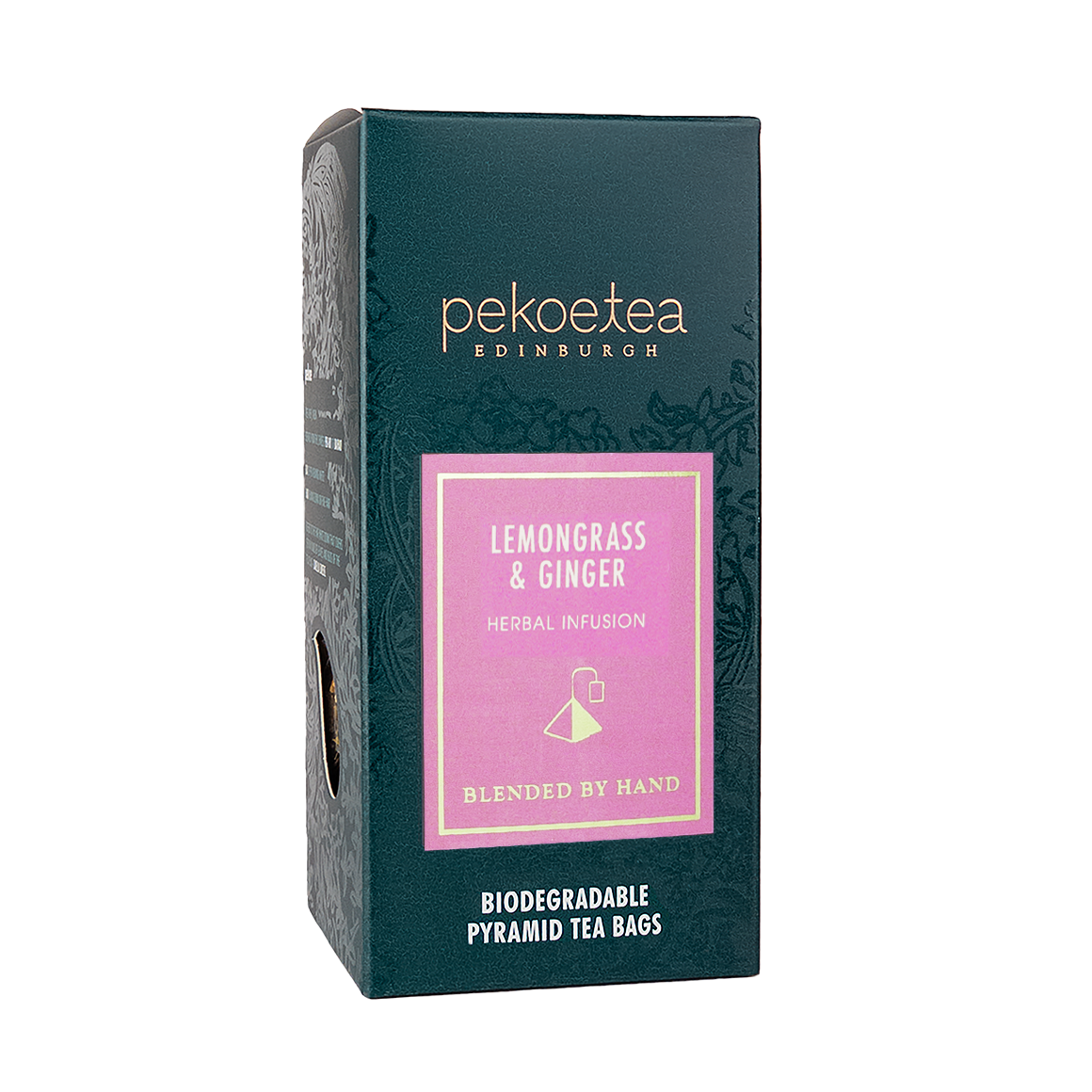 Box of PekoeTea Edinburgh Lemongrass and Ginger tea bags with a natural, herbal tea blend in a white and green packaging.
