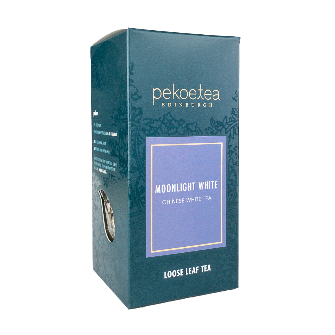 Box of PekoeTea Edinburgh Yunnan Moonlight White Tea in elegant packaging, showcasing premium white tea leaves.