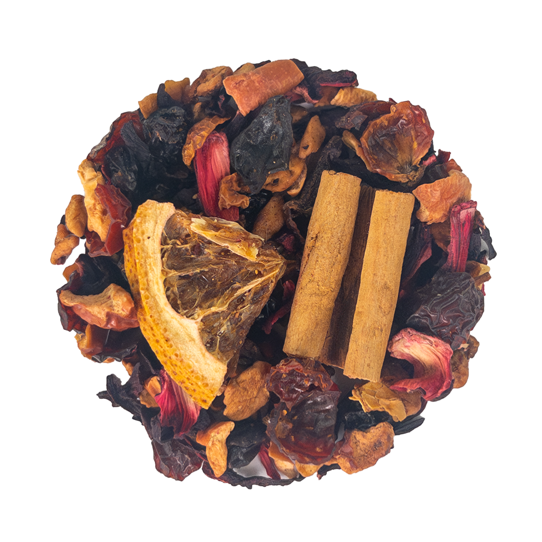 PekoeTea Edinburgh mulled wine tea leaves in a clear container, showcasing aromatic dried tea leaves for flavorful mulled wine.
