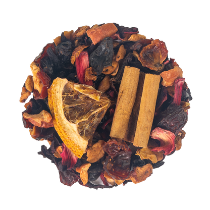 PekoeTea Edinburgh mulled wine tea leaves in a clear container, showcasing aromatic dried tea leaves for flavorful mulled wine.
