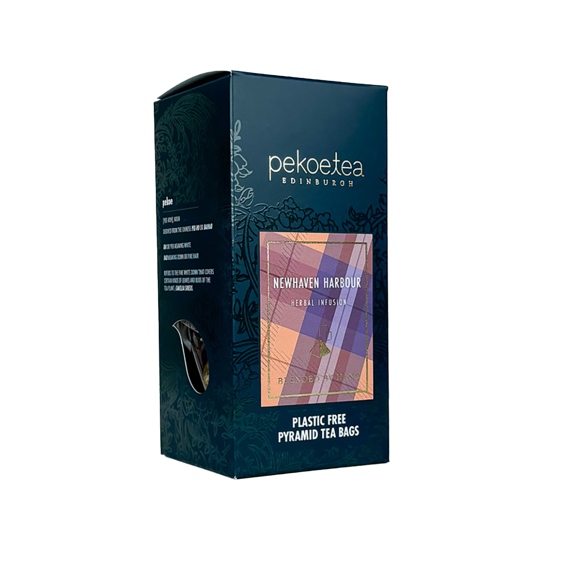 Box of PekoeTea Edinburgh Newhaven Harbour blend tea with tea leaves and packaging.