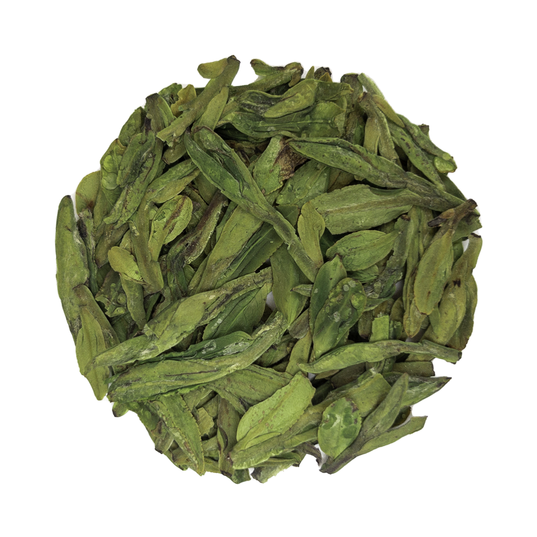 Dried Pre-Rain Long Jing Dragon Well tea leaves from PekoeTea Edinburgh, showcasing fresh green, flat, hand-rolled appearance.