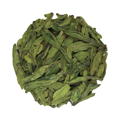 Dried Pre-Rain Long Jing Dragon Well tea leaves from PekoeTea Edinburgh, showcasing fresh green, flat, hand-rolled appearance.