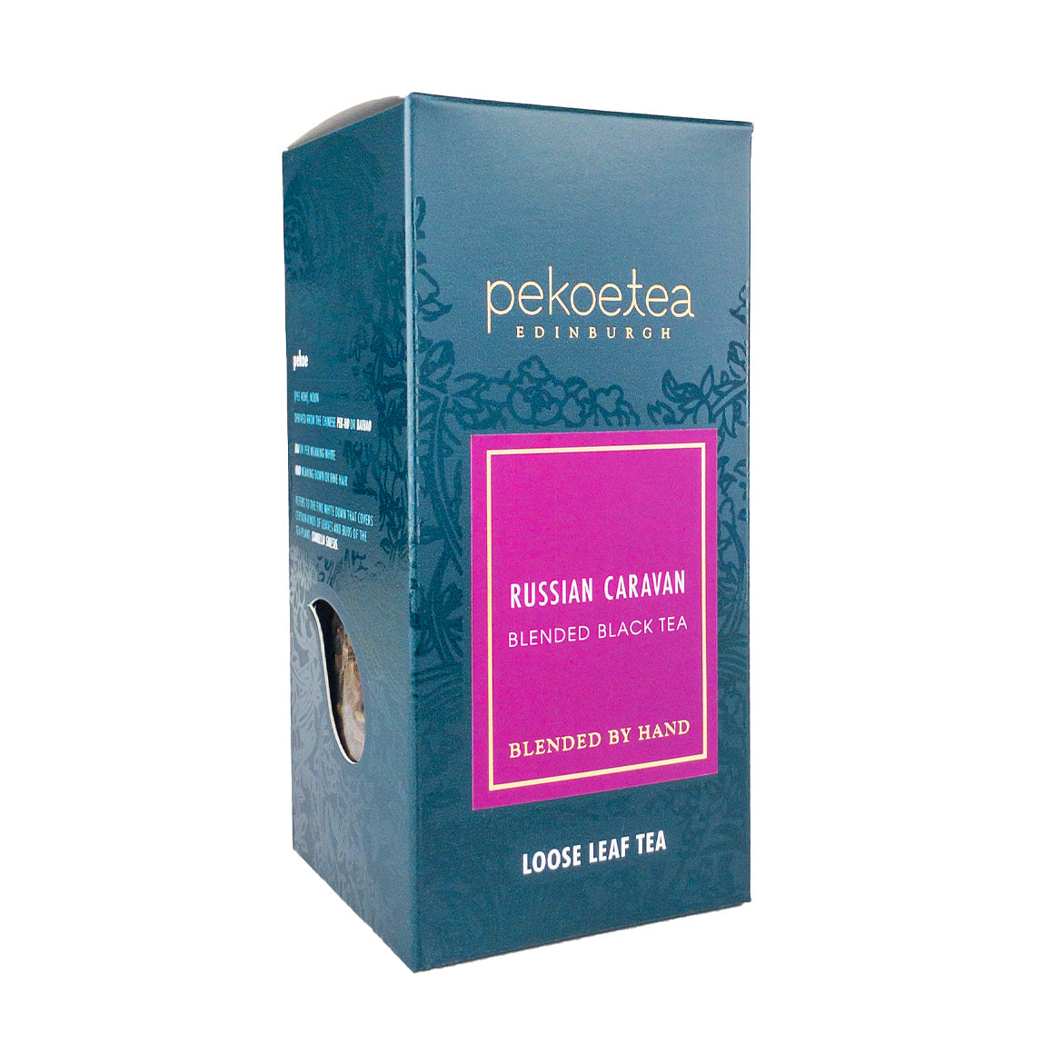 Box of PekoeTea Edinburgh Russian Caravan tea, featuring a decorative packaging design for traditional Chinese and Russian tea.
