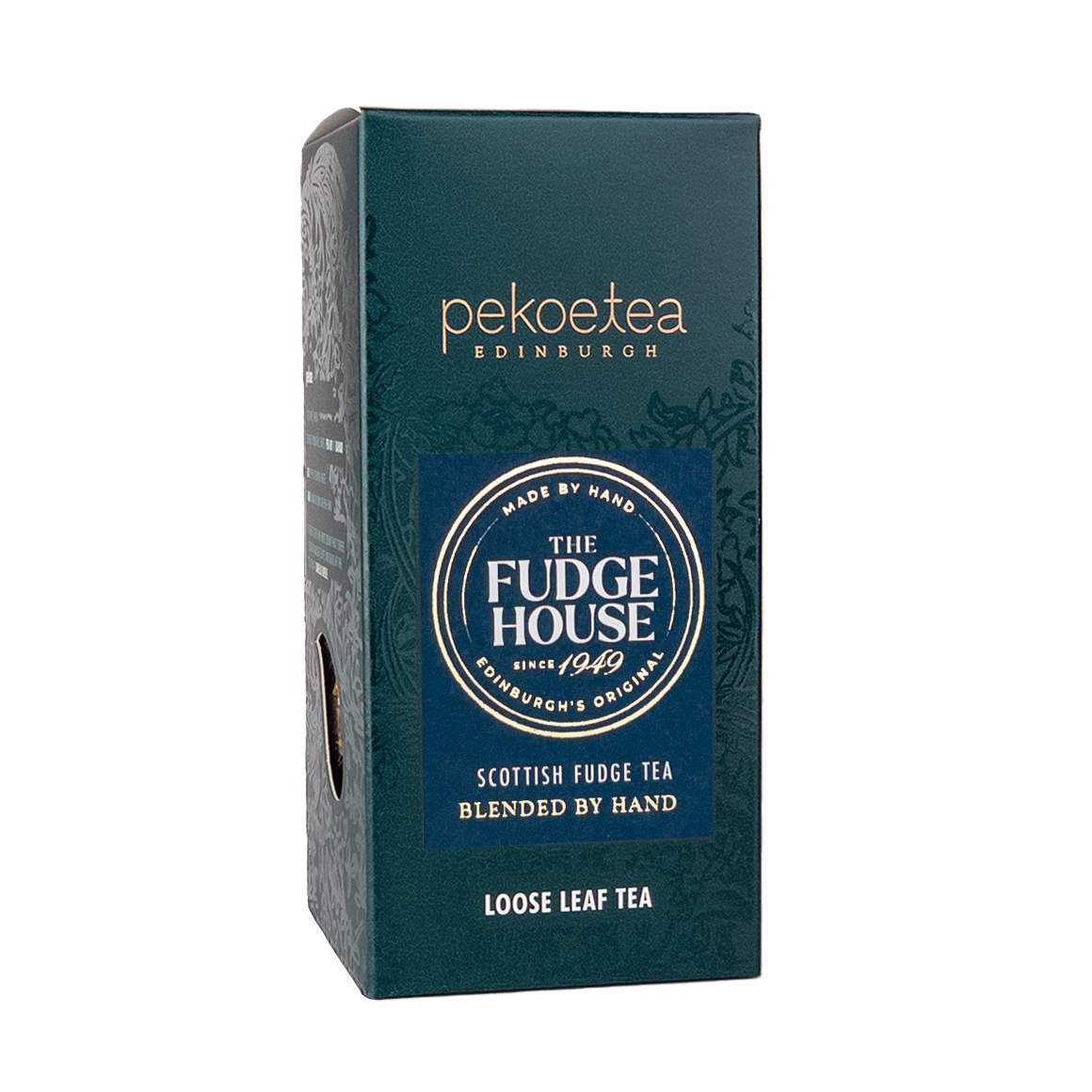 Loose leaf Scottish Fudge Tea by PekoeTea Edinburgh in a decorative box, featuring rich tea leaves with fudge flavor hints.