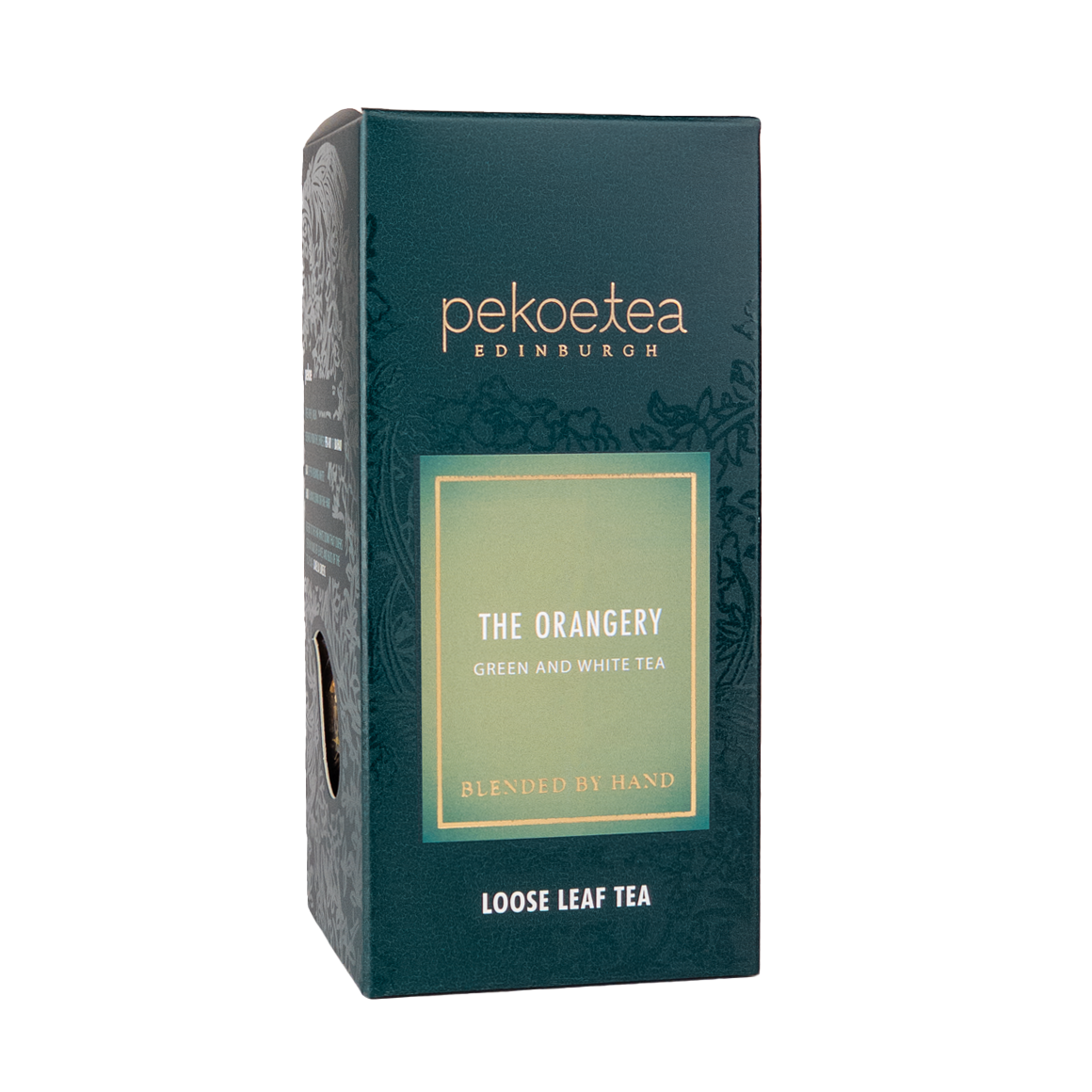 Loose leaf tea box labeled The Orangery by PekoeTea Edinburgh, featuring elegant packaging with tea leaves inside.