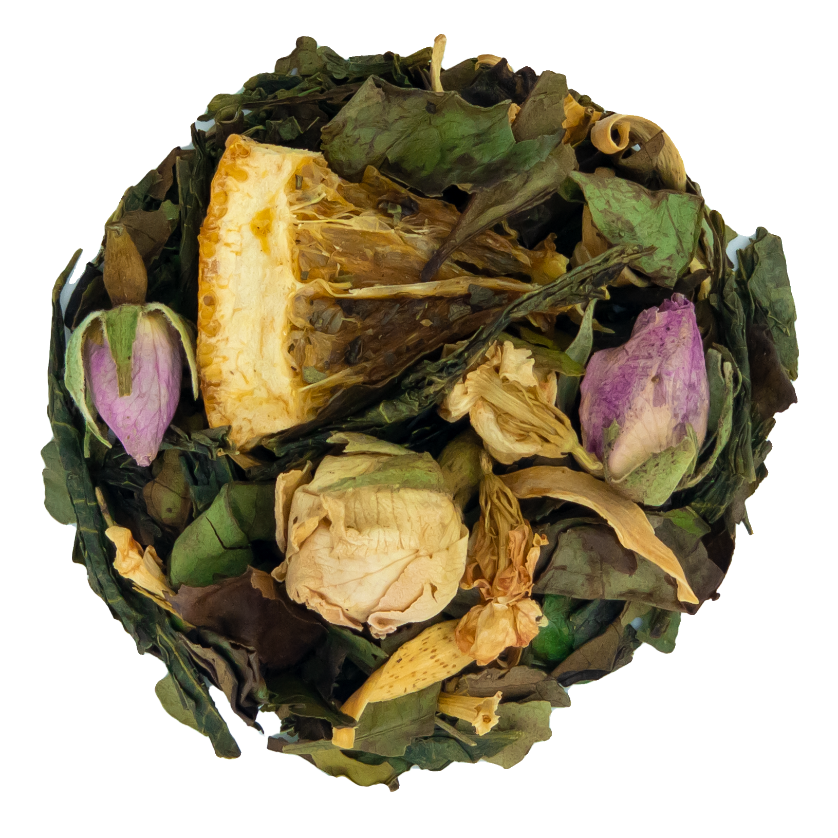 Loose leaf tea called The Orangery from PekoeTea Edinburgh with vibrant orange and green tea leaves in a clear container.