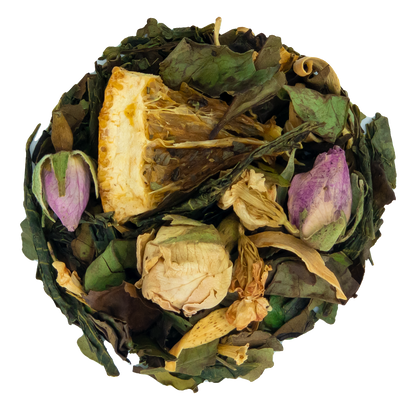 Loose leaf tea called The Orangery from PekoeTea Edinburgh with vibrant orange and green tea leaves in a clear container.