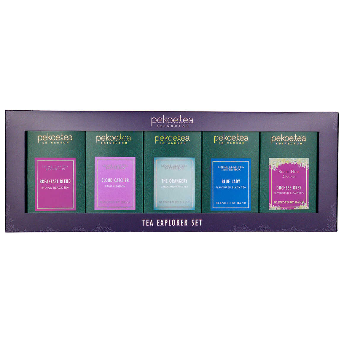 PekoeTea Edinburgh Explorer Set featuring five assorted tea tins with colorful labels and a wooden tray for tea tasting.