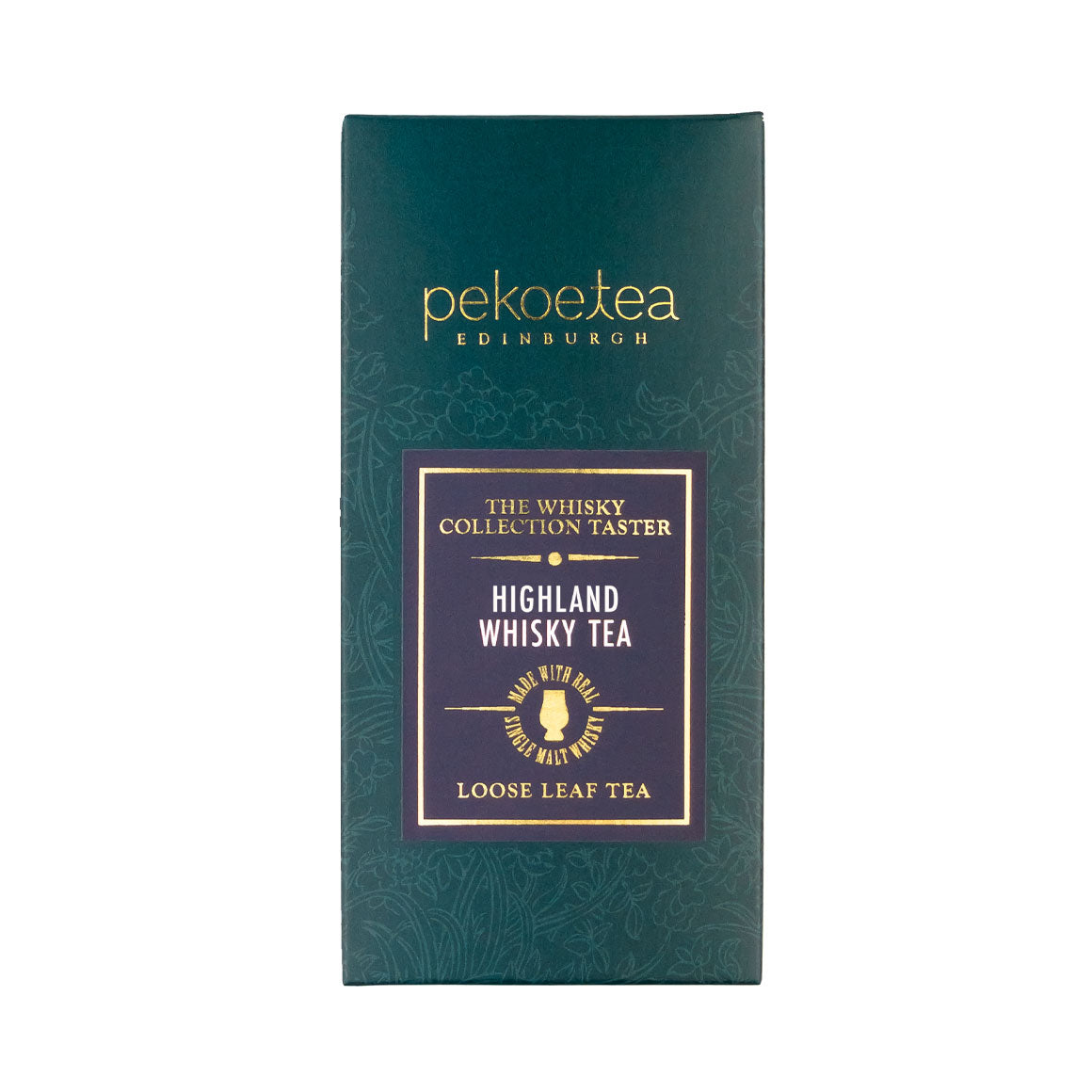 Loose leaf Whisky Tea Highland Blend by PekoeTea Edinburgh, showcasing the tea leaves in a clear container.