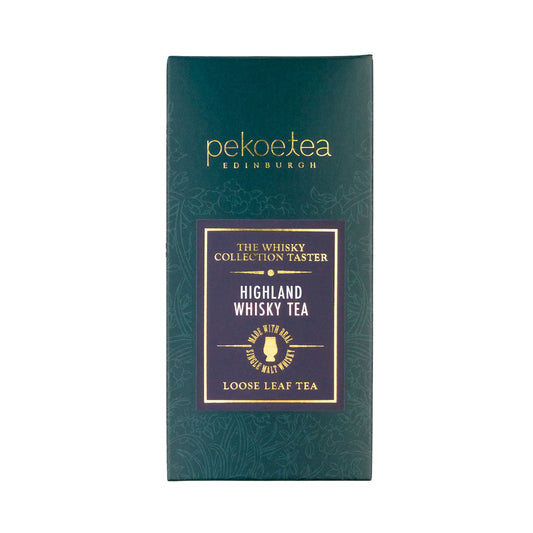 Loose leaf Whisky Tea Highland Blend by PekoeTea Edinburgh, showcasing the tea leaves in a clear container.