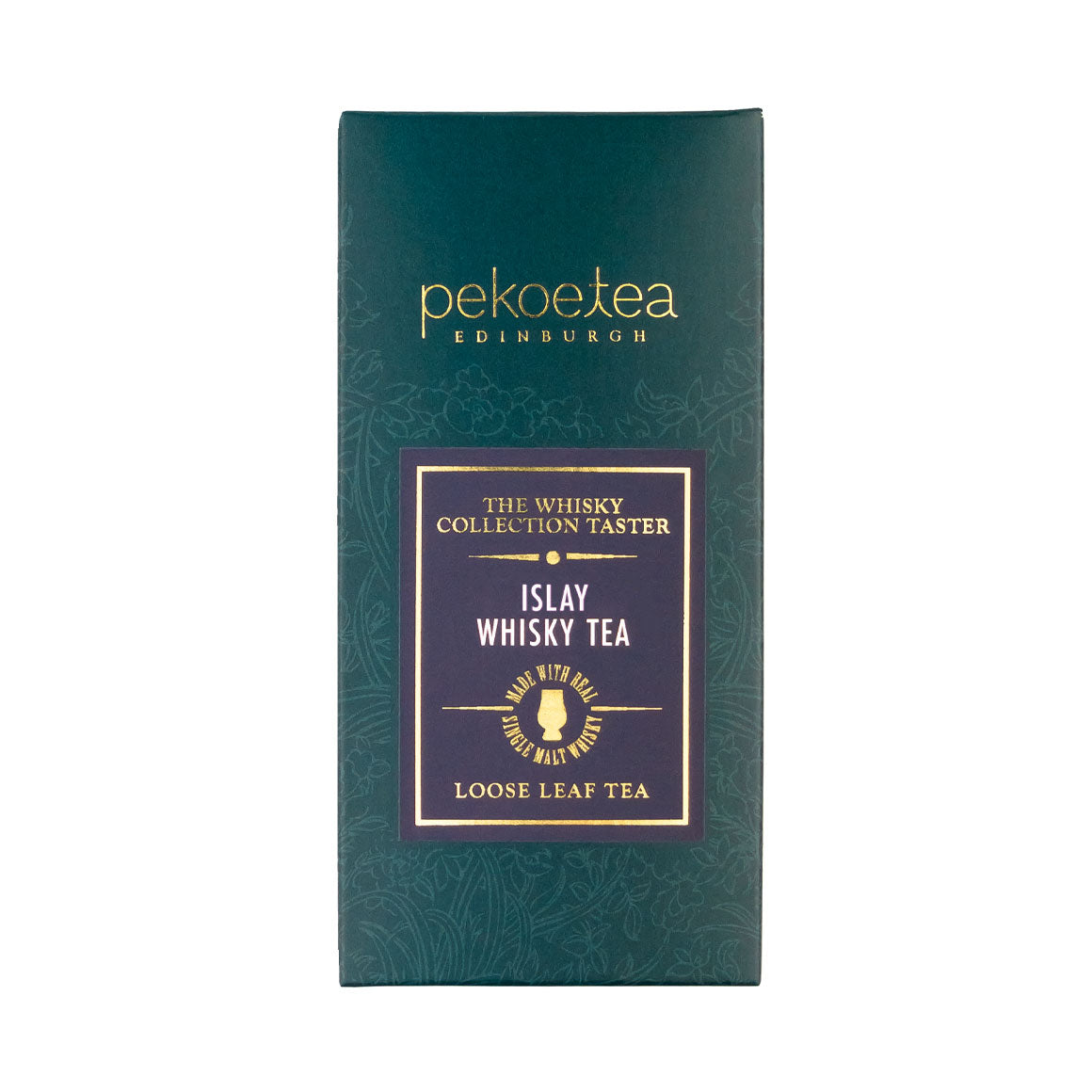 Loose leaf Islay Blend whisky tea from PekoeTea Edinburgh, featuring dark, aromatic tea leaves with smoky, peaty notes.