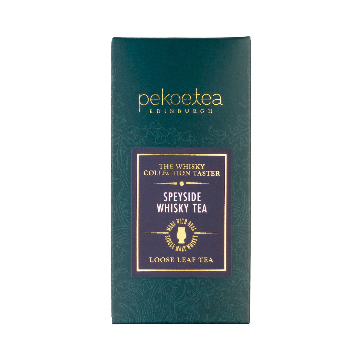 Loose leaf Speyside Blend whisky tea from PekoeTea Edinburgh, showcasing a rich, aromatic tea in a clear glass jar.