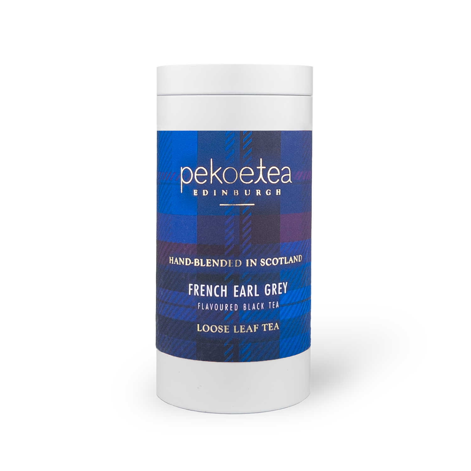 PekoeTea Edinburgh French Earl Grey tea caddy with elegant packaging and black and white design.