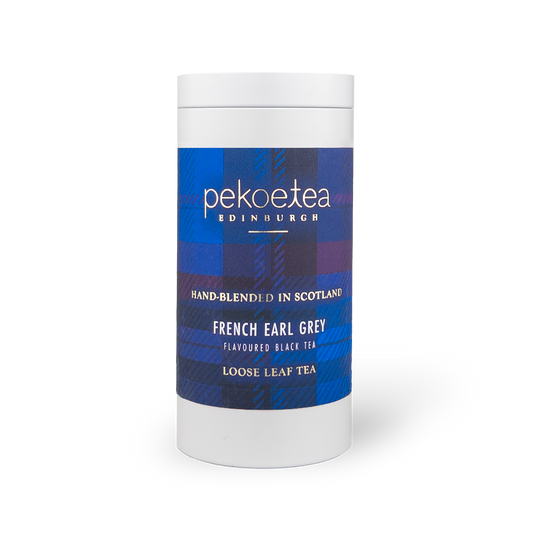 PekoeTea Edinburgh French Earl Grey tea caddy with elegant packaging and black and white design.