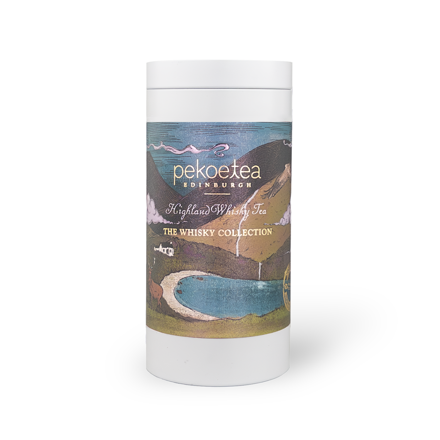 PekoeTea Edinburgh Highland Blend Whisky Tea in a decorative caddy, showcasing a rich, aromatic tea with whisky-infused flavor.