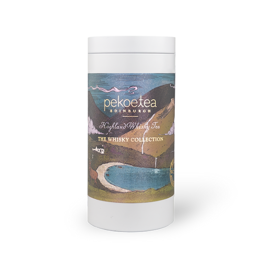 PekoeTea Edinburgh Highland Blend Whisky Tea in a decorative caddy, showcasing a rich, aromatic tea with whisky-infused flavor.