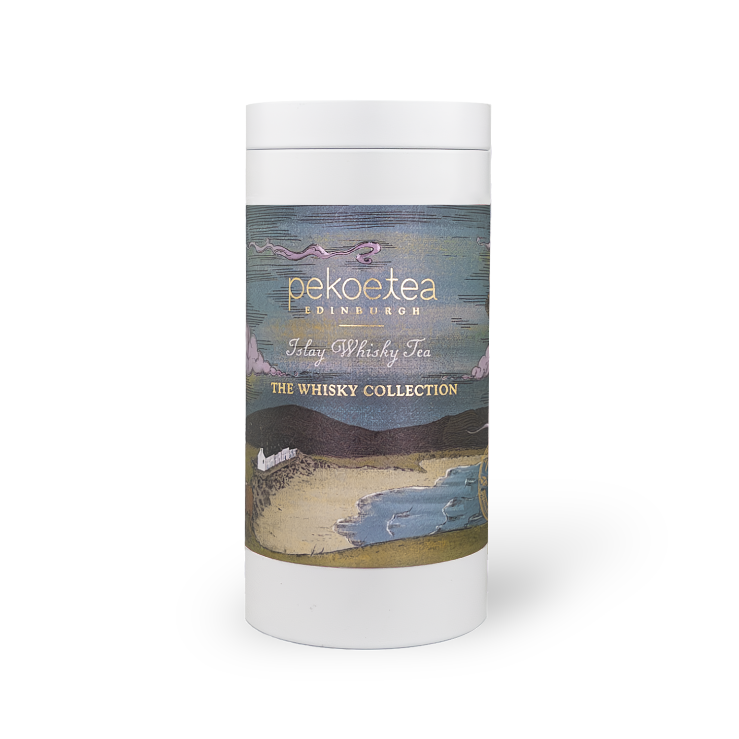 PekoeTea Edinburgh Islay Blend whisky tea in a decorative caddy featuring a label and tea leaves inside.