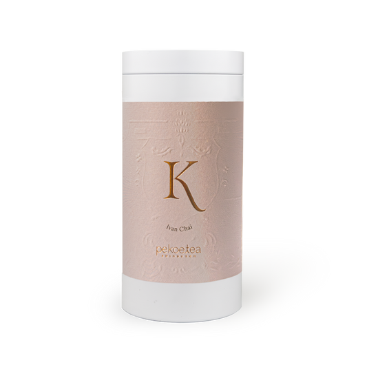Scottish-grown Ivan Chai infusion in a PekoeTea Edinburgh caddy, showcasing the herbal tea's loose leaves and packaging.