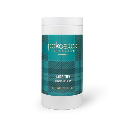 PekoeTea Edinburgh Xin Yang Mao Jian green tea in a caddy, featuring delicate jade green tea tips and fresh, vibrant leaves.