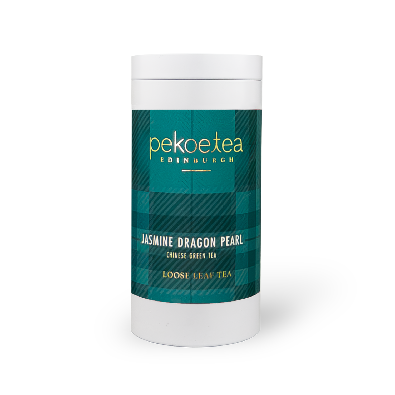 PekoeTea Edinburgh Jasmine Dragon Pearl green tea in a decorative caddy, featuring delicate pearl-shaped tea leaves and jasmine blossoms.