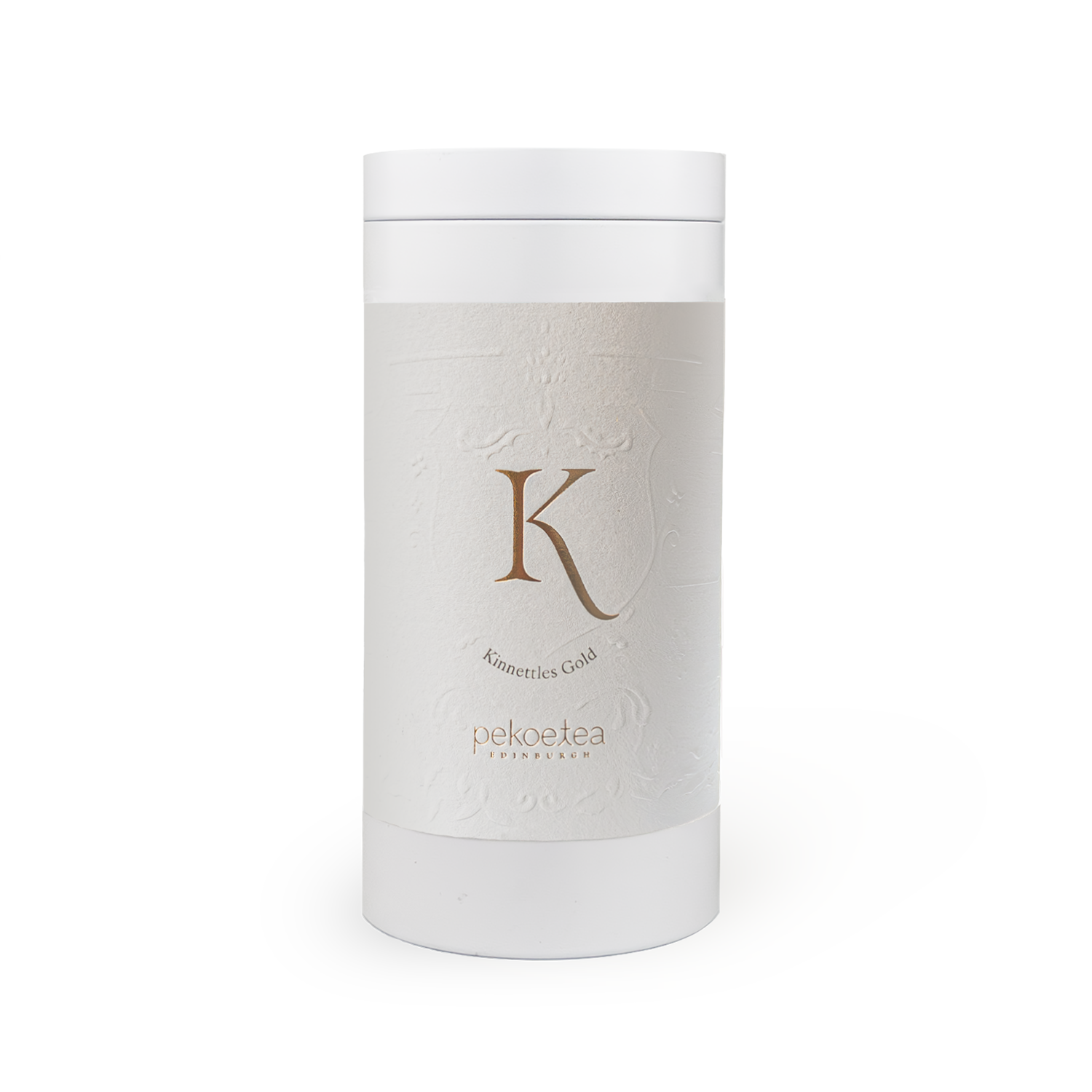 PekoeTea Edinburgh Kinnettles Gold Scottish Grown Tea in a decorative gold tin caddy with tea leaves inside.