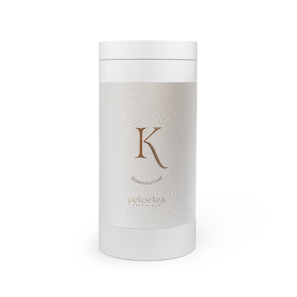 PekoeTea Edinburgh Kinnettles Gold Scottish Grown Tea in a decorative caddy, showcasing rich golden tea leaves.