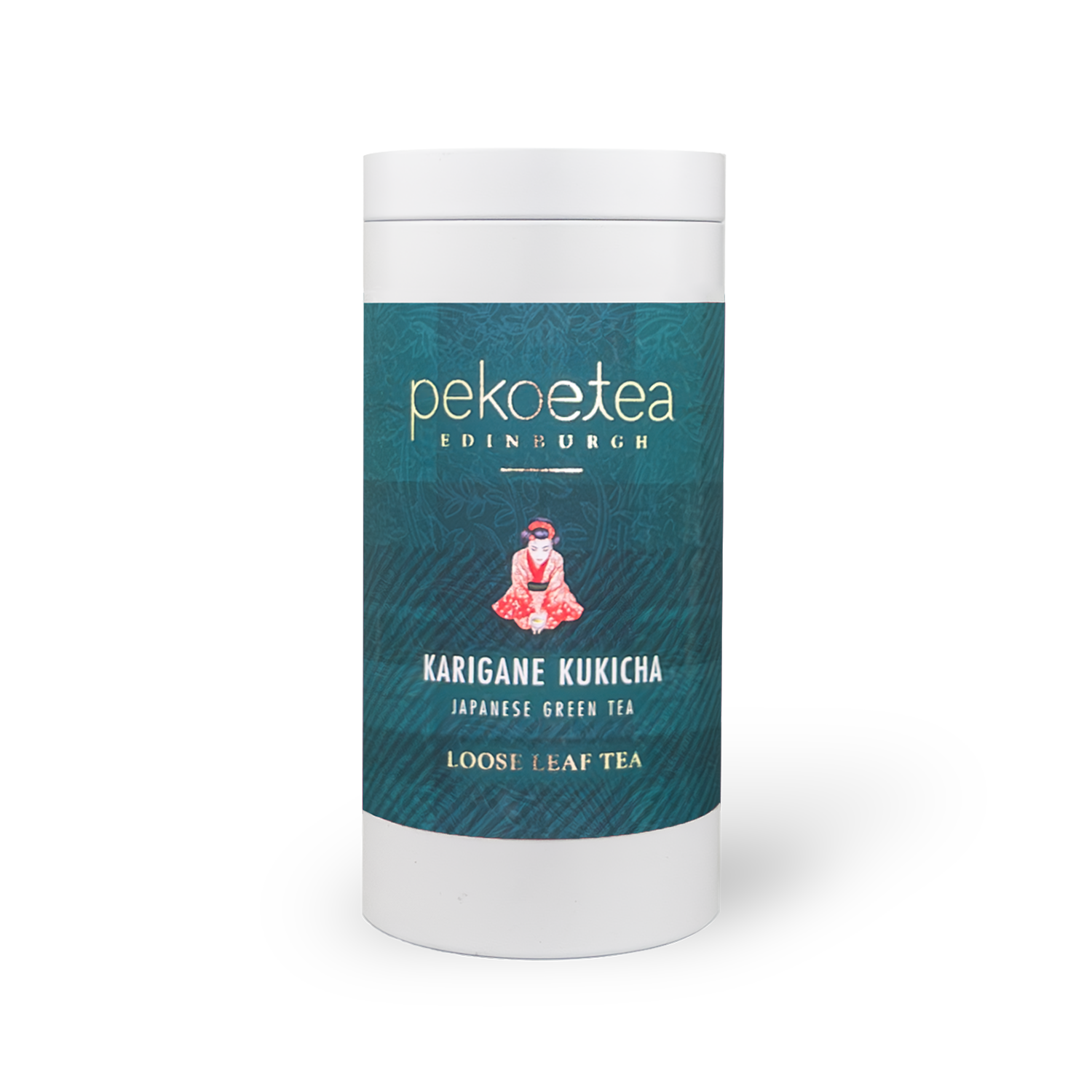 Jar of PekoeTea Edinburgh Karigane Kukicha green tea leaves in a caddy, showcasing the tea's light-colored twig and leaf blend.