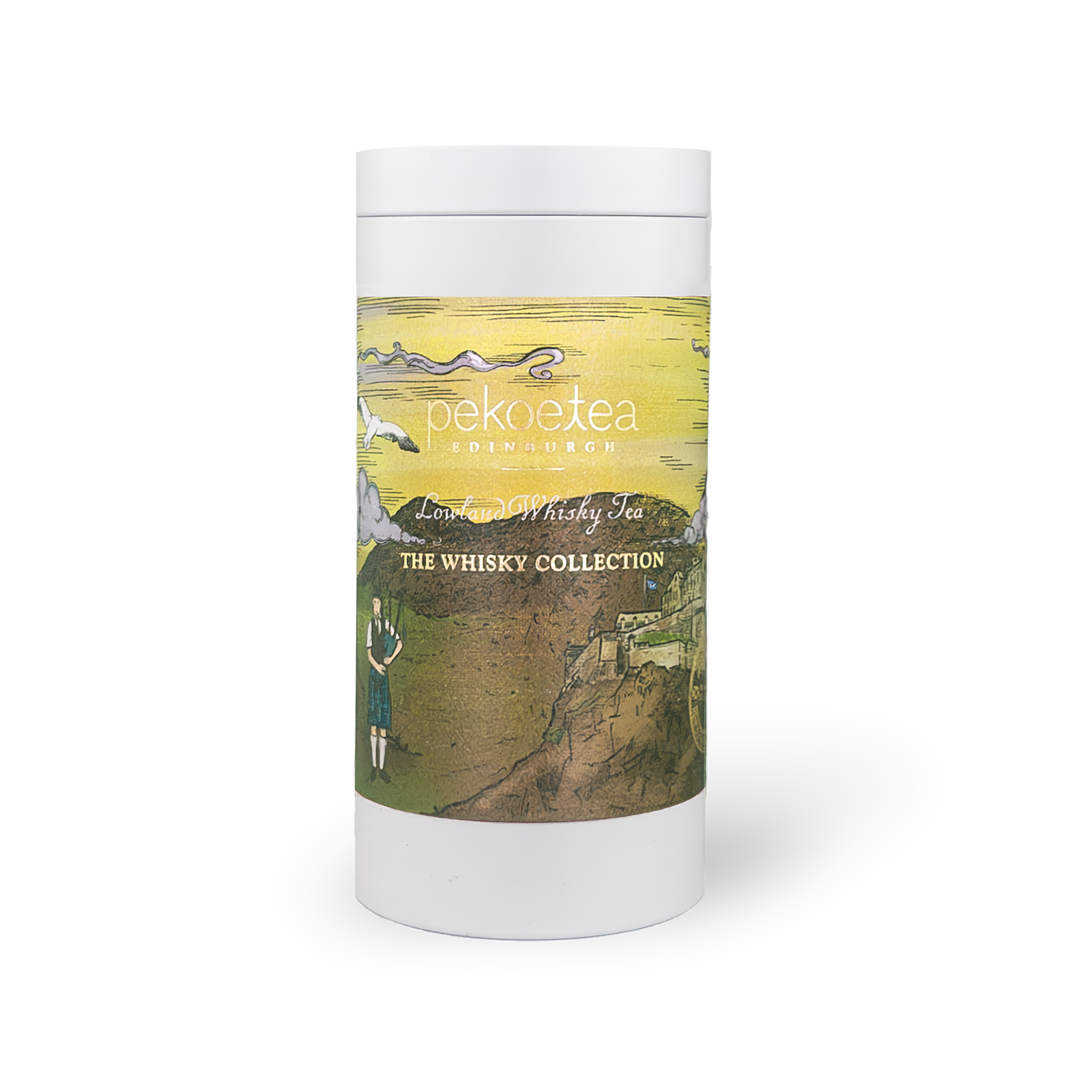 PekoeTea Edinburgh Lowland Whisky Tea blend in a decorative caddy with tea leaves and packaging visible.