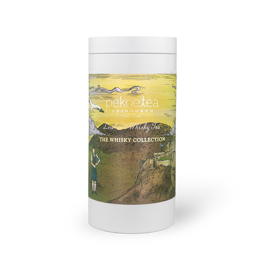 PekoeTea Edinburgh Lowland Whisky Tea blend in a decorative caddy with tea leaves and packaging visible.