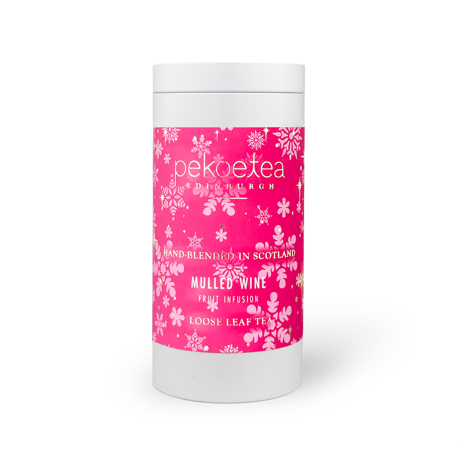 Caddy of PekoeTea Edinburgh mulled wine flavored tea, featuring a decorative tin with tea bags inside.