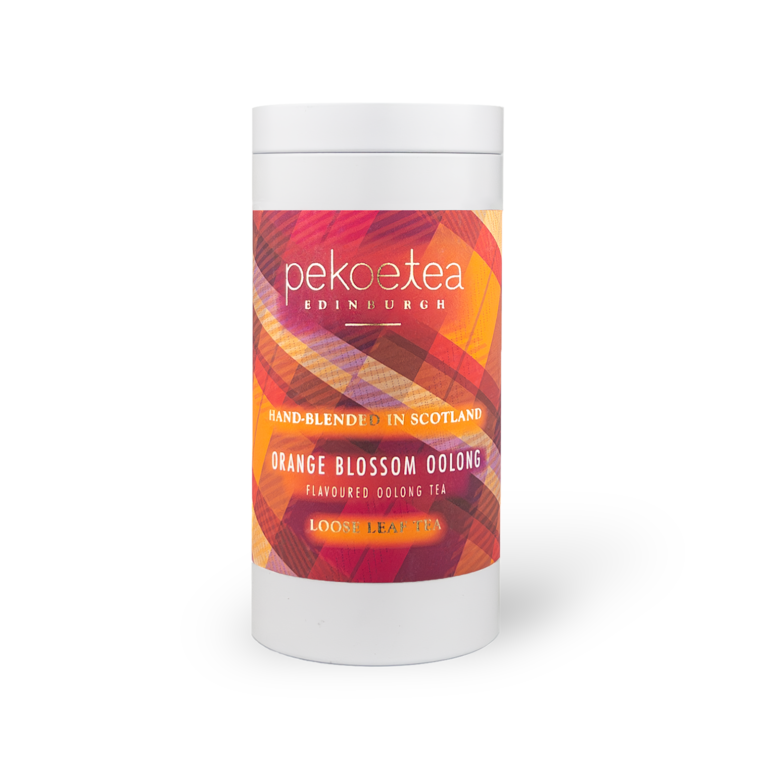 Orange Blossom Oolong Tea in a PekoeTea Edinburgh caddy, showcasing the elegant tea packaging with orange blossom floral accents.