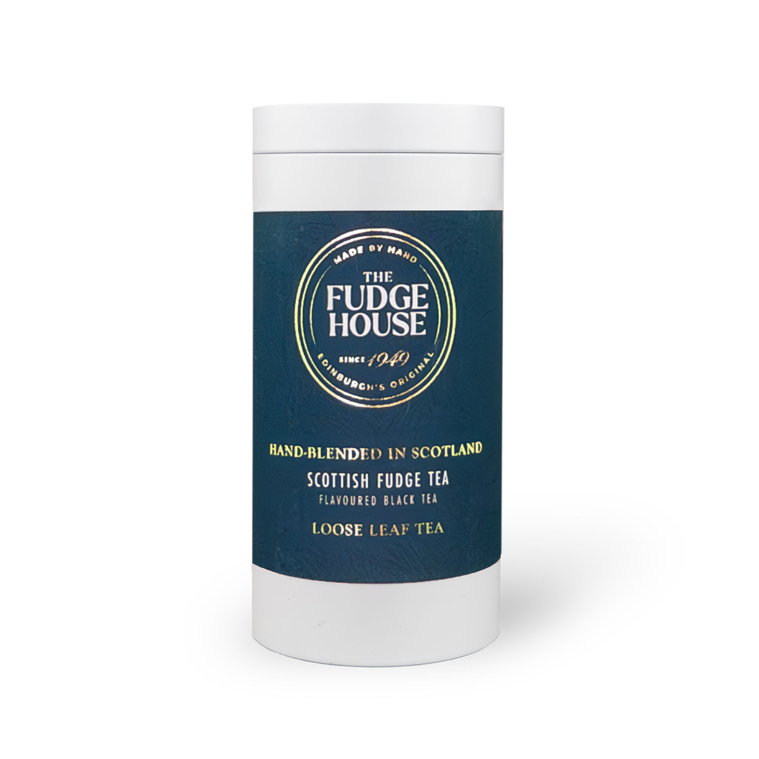 Loose leaf Scottish Fudge Tea by PekoeTea Edinburgh in a decorative caddy, showcasing rich, dark tea leaves with a fudge aroma.