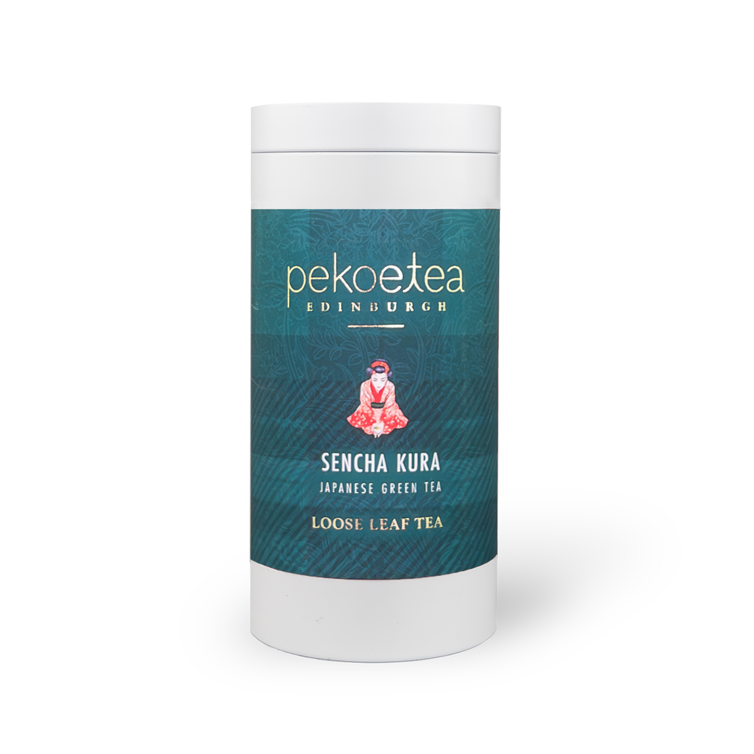 Sencha Kura Green Tea in a PekoeTea Edinburgh caddy, showcasing fresh green tea leaves in a decorative container.