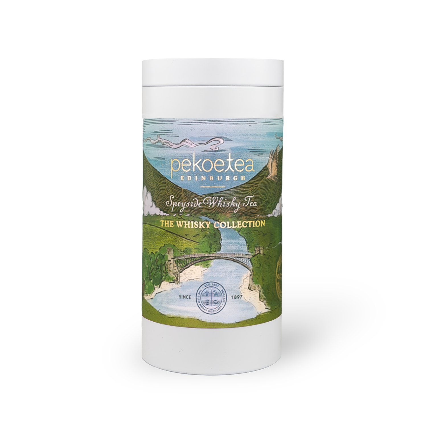 PekoeTea Edinburgh Speyside Blend Whisky Tea in a decorative caddy, showcasing a rich tea blend inspired by Speyside whisky flavors.