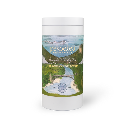 PekoeTea Edinburgh Speyside Blend Whisky Tea in a decorative caddy, showcasing a rich tea blend inspired by Speyside whisky flavors.
