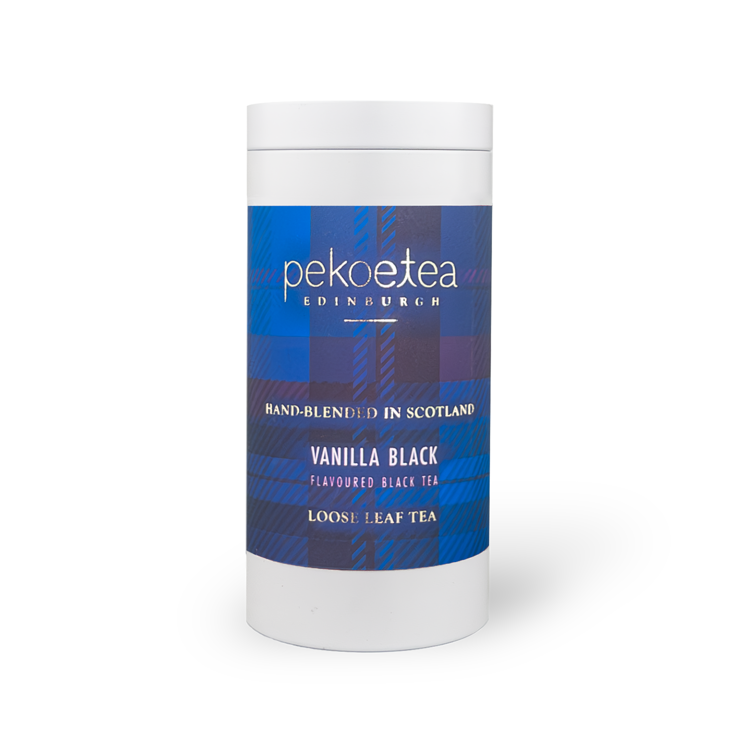 PekoeTea Edinburgh vanilla black tea in a decorative caddy, showcasing dark tea leaves infused with vanilla flavor.