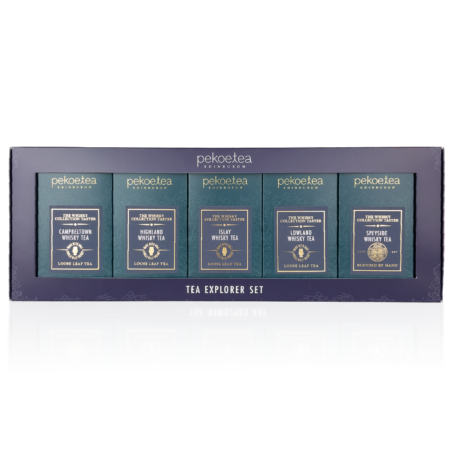 PekoeTea Edinburgh Whisky Tea Collection Explorer Set featuring assorted tea tins with whisky-inspired flavors and elegant packaging.