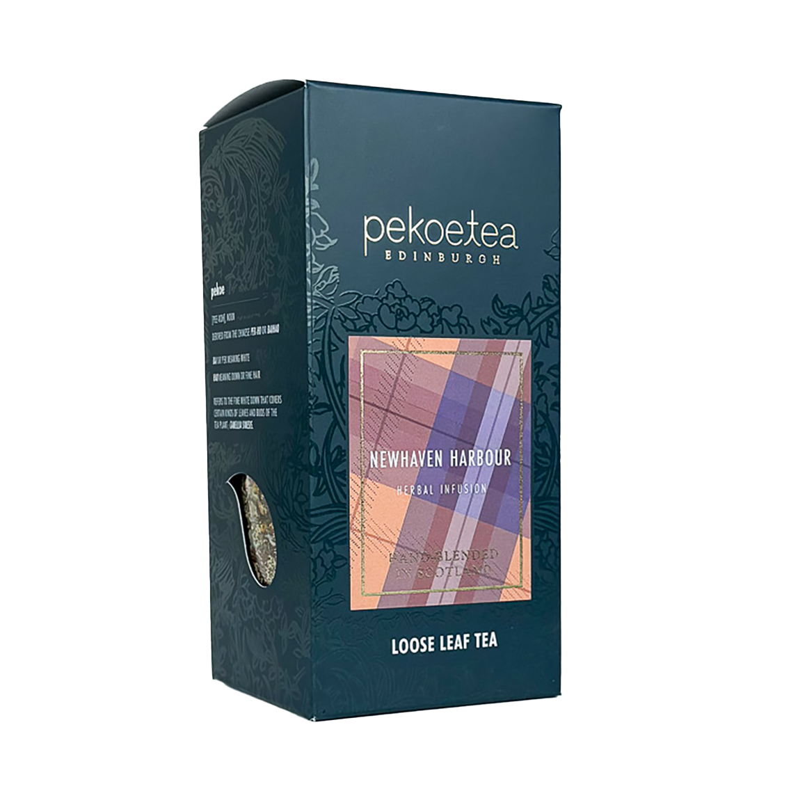 Loose leaf tea box labeled Newhaven Harbour by PekoeTea Edinburgh, featuring a detailed design inspired by the harbor scene.