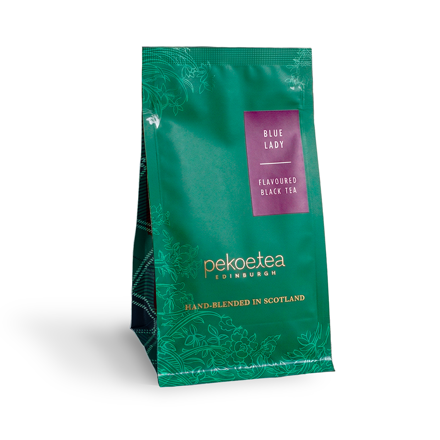 Blue Lady flavored black tea by PekoeTea Edinburgh in a retail pouch, featuring vibrant blue packaging and tea leaves inside.