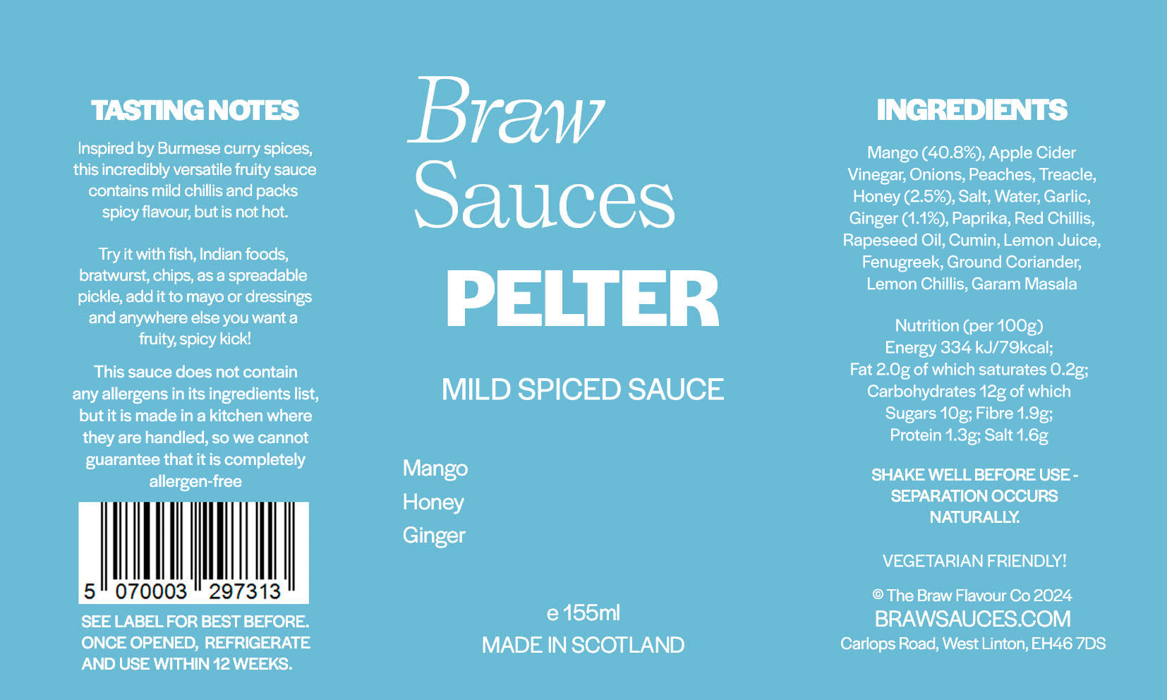 Braw Sauces Pelter V6 hot sauce bottle with label, featuring vibrant design and branding on a white background.