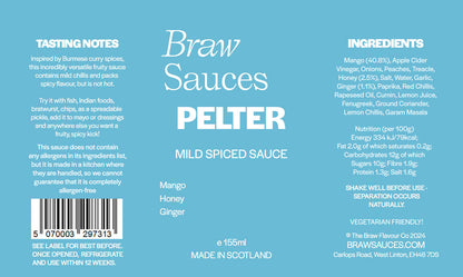 Braw Sauces Pelter V6 hot sauce bottle with label, featuring vibrant design and branding on a white background.