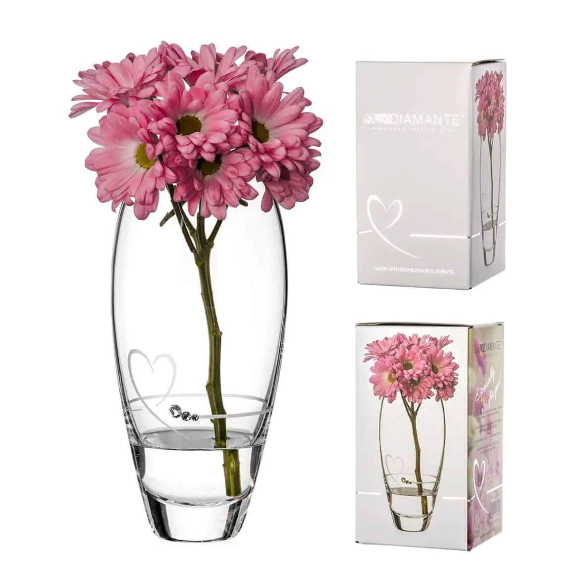 Glassware UK Diamante Petit Vase with Heart Design, 18cm, displayed in a gift box with sparkling diamond accents and delicate heart details.