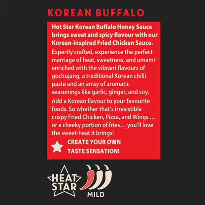 Korean Buffalo Honey Sauce bottle from Hot Star Honey with Asian-inspired label and detailed product information.