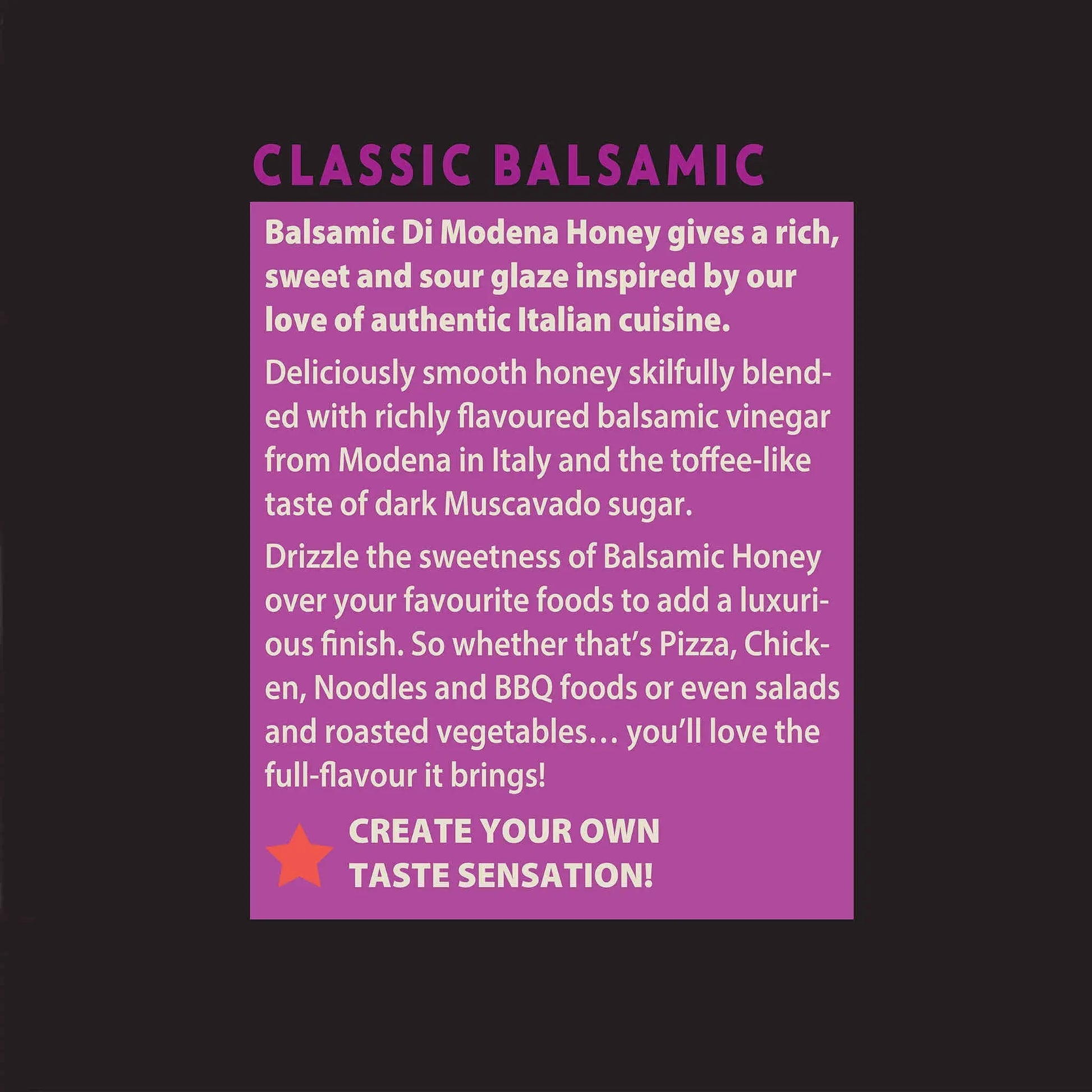Hot Star Honey Classic Balsamic Honey Glaze bottle with label and product information.