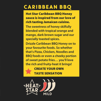 Bottle of Hot Star Honey Caribbean BBQ Honey Sauce with label displaying tropical design and product details.