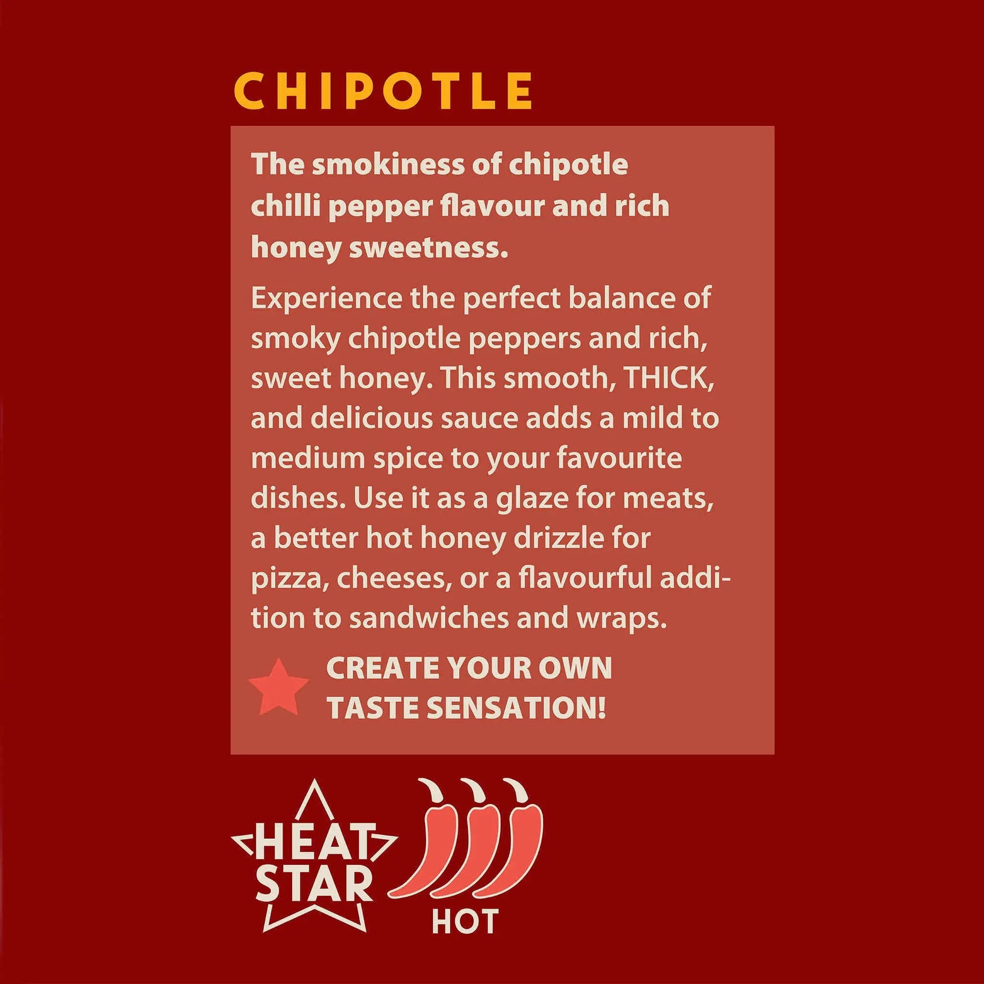 Bottle of Hot Star Honey chipotle chili honey with label showing ingredients and branding, on a white background.