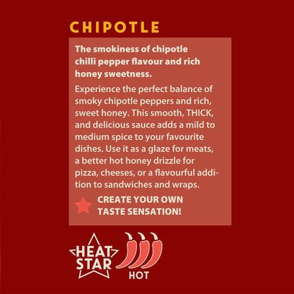 Bottle of Hot Star Honey chipotle chili honey with label showing ingredients and branding, on a white background.