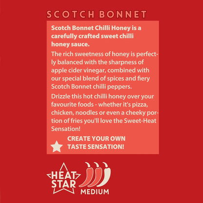 Bottle of Hot Star Honey Scotch Bonnet Chilli Honey with label showing product details and spicy chili pepper illustration.