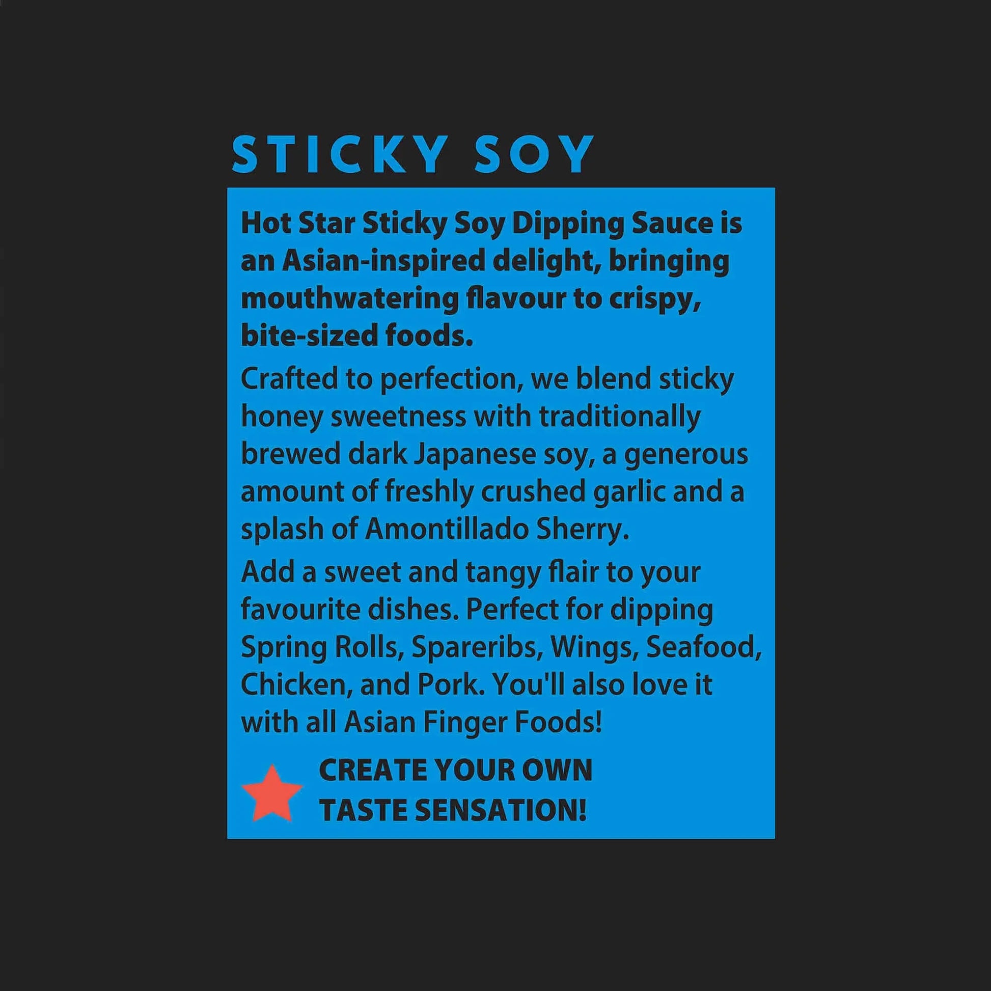 Asian-inspired Hot Star Honey Sticky Soy Dipping Sauce bottle with label and product information.